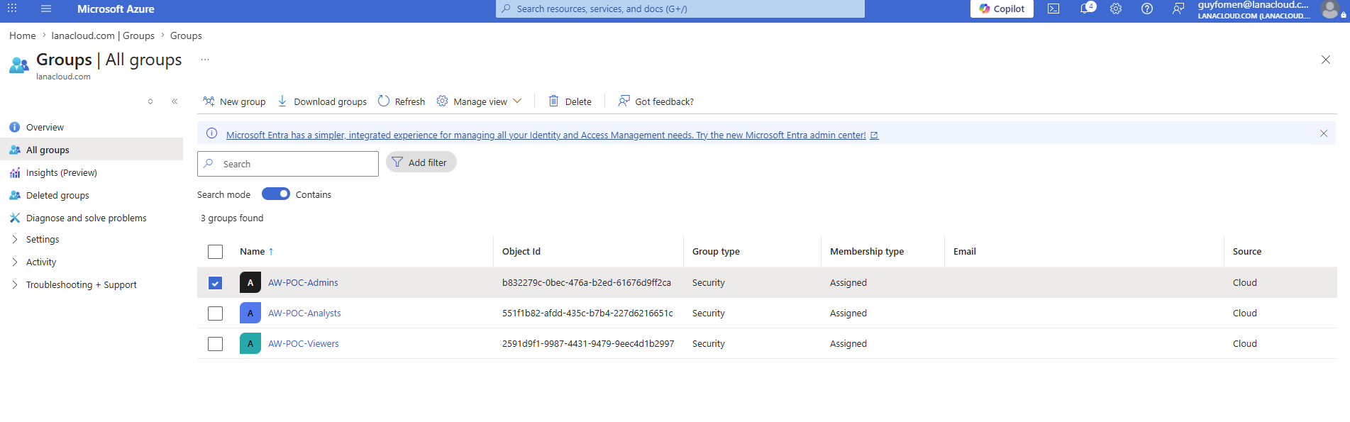 Azure Entra — Groups | All groups — AW-POC-Admins (b832279c...), AW-POC-Analysts (551f1b82...), AW-POC-Viewers (2591d9f1...) — all Security type, Assigned membership, Cloud source